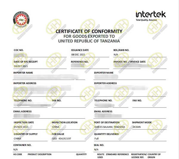 CoC certificate for Tanzania Order