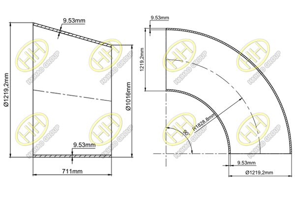 Large size eccentric reducer and elbow drawing